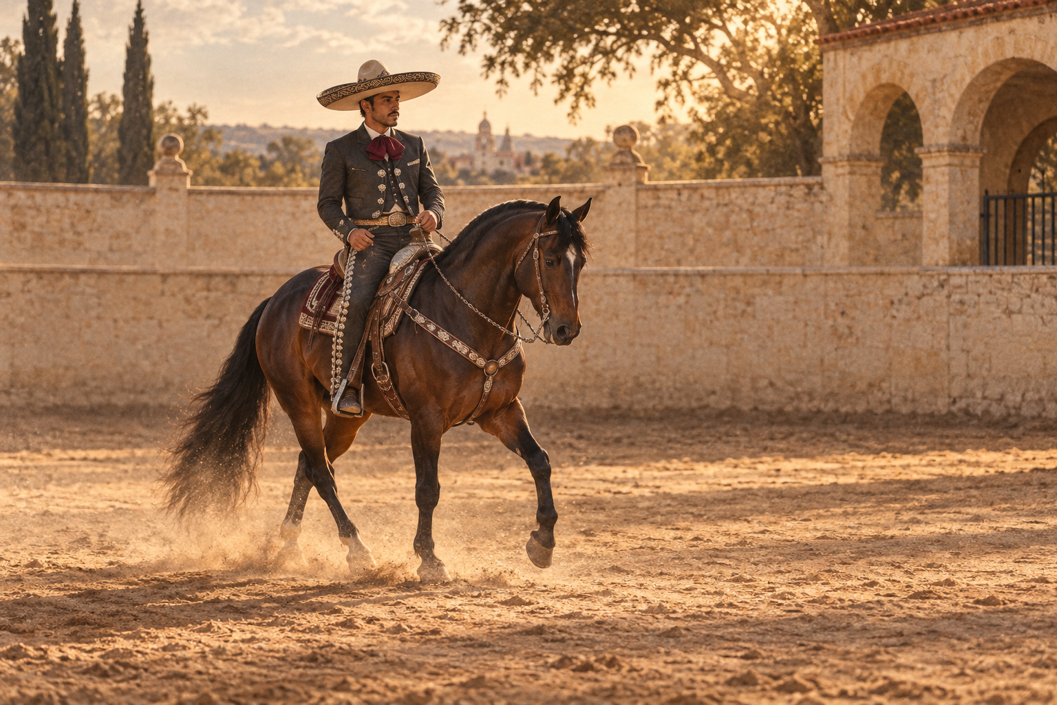 Charro on horseback in a sunlit arena